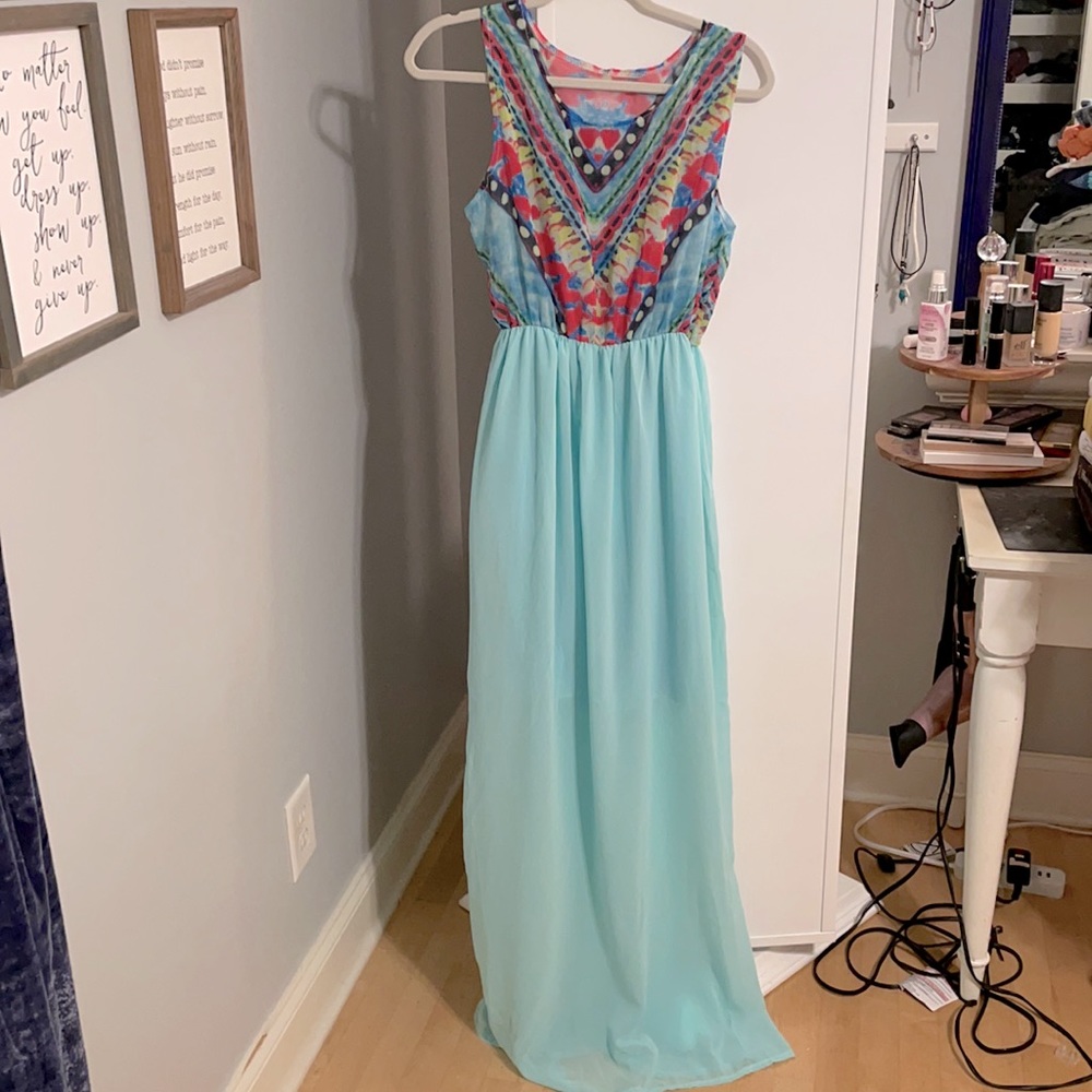 Multi colored print on top with blue on bottom